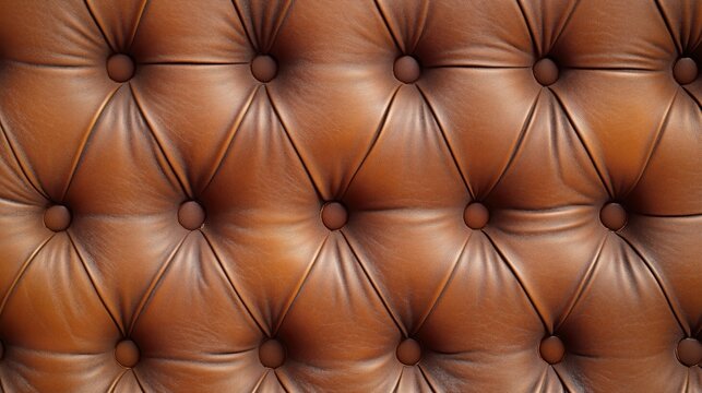 Close-up view of brown leather upholstery with a tufted pattern and buttons, showcasing texture and quality craftsmanship