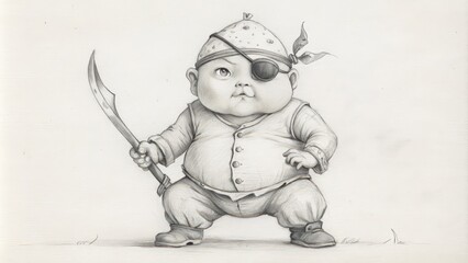Fototapeta premium A Pencil Drawing of a Baby Pirate Holding a Curved Sword