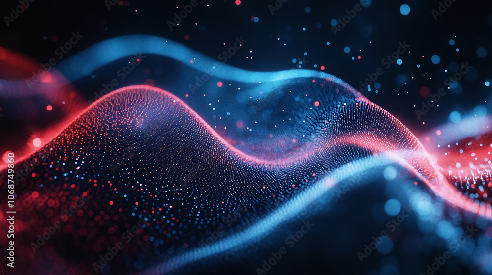 Poster colorful waves of light swirl together, creating a mesmerizing abstract design in digital space