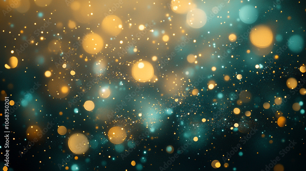 Poster bokeh effect with gold and blue lights creating a dreamy atmosphere in an abstract background