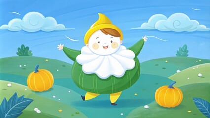 Fototapeta premium A Happy Cartoon Character Dressed as a Pumpkin in a Field