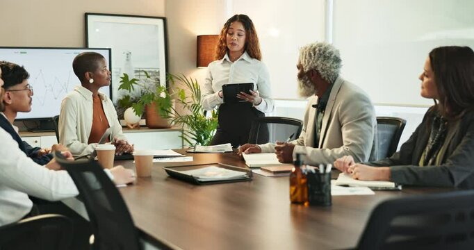 Business people, planning and presentation in office for collaboration, diversity and project management. Corporate staff, meeting and research in workplace for teamwork, agenda and development pitch