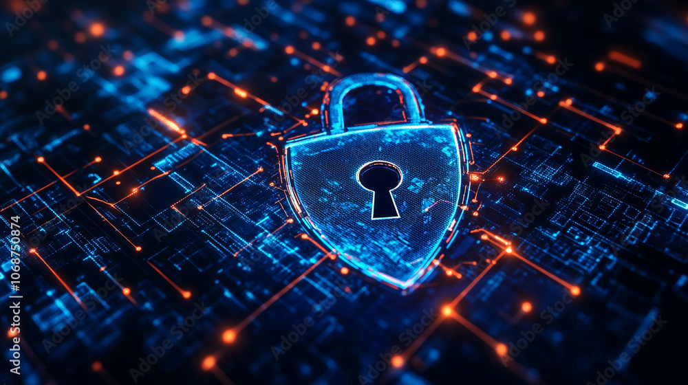 Poster digital padlock symbolizing cybersecurity on a matrix background with glowing blue and orange lines