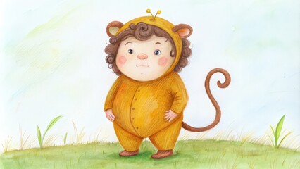Fototapeta premium A Child Dressed as a Monkey in a Watercolor Illustration