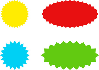 Different color starburst sunburst badges shapes, sticker set. Collection of special offer sale oval and round shaped sunburst labels and badges. Promo stickers with star edges.