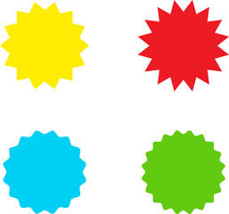 Different color starburst sunburst badges shapes, sticker set. Collection of special offer sale oval and round shaped sunburst labels and badges. Promo stickers with star edges.