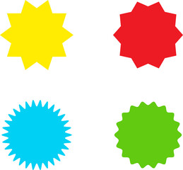 Different color starburst sunburst badges shapes, sticker set. Collection of special offer sale oval and round shaped sunburst labels and badges. Promo stickers with star edges.