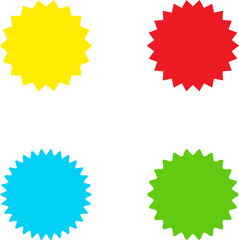 Different color starburst sunburst badges shapes, sticker set. Collection of special offer sale oval and round shaped sunburst labels and badges. Promo stickers with star edges.