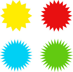 Different color starburst sunburst badges shapes, sticker set. Collection of special offer sale oval and round shaped sunburst labels and badges. Promo stickers with star edges.
