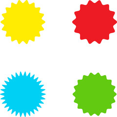 Different color starburst sunburst badges shapes, sticker set. Collection of special offer sale oval and round shaped sunburst labels and badges. Promo stickers with star edges.