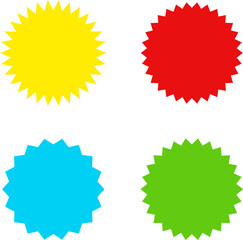 Different color starburst sunburst badges shapes, sticker set. Collection of special offer sale oval and round shaped sunburst labels and badges. Promo stickers with star edges.