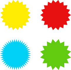 Different color starburst sunburst badges shapes, sticker set. Collection of special offer sale oval and round shaped sunburst labels and badges. Promo stickers with star edges.