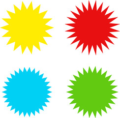 Different color starburst sunburst badges shapes, sticker set. Collection of special offer sale oval and round shaped sunburst labels and badges. Promo stickers with star edges.
