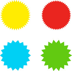 Different color starburst sunburst badges shapes, sticker set. Collection of special offer sale oval and round shaped sunburst labels and badges. Promo stickers with star edges.