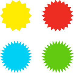 Different color starburst sunburst badges shapes, sticker set. Collection of special offer sale oval and round shaped sunburst labels and badges. Promo stickers with star edges.
