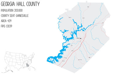 Large and detailed map of Hall County in Georgia, USA.