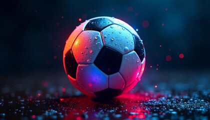 Fototapeta premium Soccer Ball with Neon Aura Amidst Rain Droplets