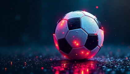 Fototapeta premium Soccer Ball with Pulsing Light Trails on Wet Ground