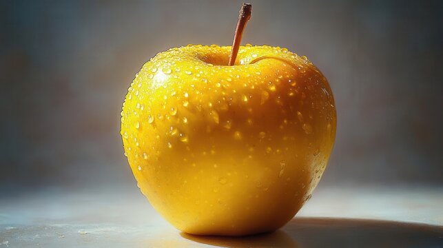 vibrant yellow apple glistening in natural light against a pure white background, showcasing its freshness and inviting the viewer to savor its juicy sweetness