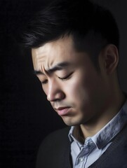 Sad depressed emotional asian male man close-up sadness portrait 