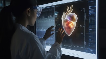 AI technology empowers medical professionals with holographic interfaces to analyze virtual human hearts, revolutionizing healthcare through digital innovation and advanced treatment options. 