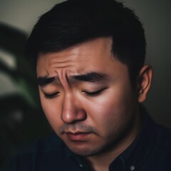 Obraz premium Sad depressed unhappy asian man close-up portrait 