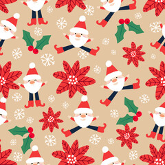 Winter holiday seamless pattern.  Santa Claus, snowflakes, Christmas foliage. Festive season repeating print. Perfect for wrapping, packaging, stationery, festive decor, crafts, textiles.