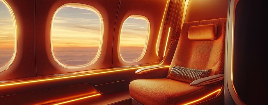 A first-class seat on an airplane, a sunset outside the window, an orange and brown color scheme