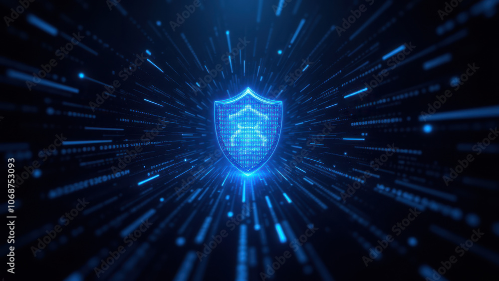 Poster cybersecurity shield with digital background and lines.