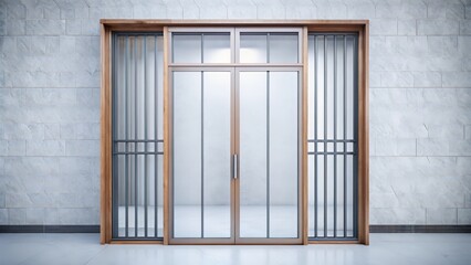 Fototapeta premium Modern Glass Door with Wooden Frame and Stone Wall