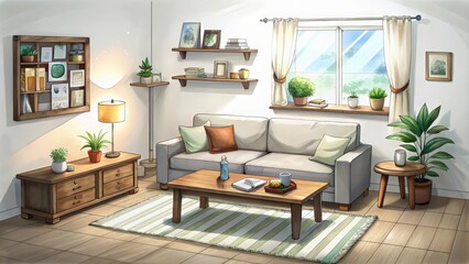 Cozy Living Room with a Sofa, Coffee Table, and Plants