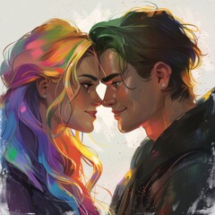 A couple, both with rainbow hair, looking into each other eyes with love and affection.