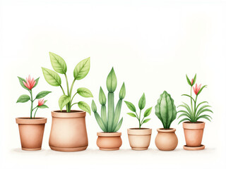 Fototapeta premium Watercolor painting: Various flowers in pots, can be used as decoration.