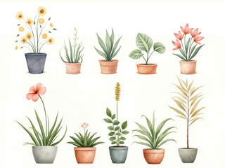 Fototapeta premium Watercolor painting: Various flowers in pots, can be used as decoration.