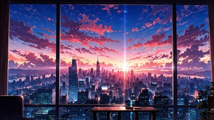 Dreamy Anime City Skyline at Sunset