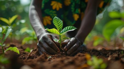 Close-up of hands planting trees in a carbon offset reforestation project