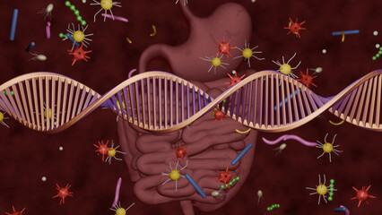 Precision Microbiome Editing. DNA strand with bacteria, microbes, viruses and digestive system. DNA editing. Metagenomics. 3d render illustration