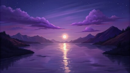A Serene Evening Landscape with Purple Hues, Silhouetted Mountains, and a Glowing Moon