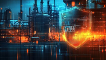 Obraz premium A digital shield protecting an industrial plant against cyber threats