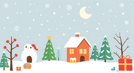 Cartoon winter scene with a snowman, house, christmas tree, and snow falling.