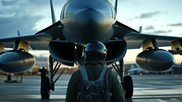 A close-up of a jet fighter parked at the airport, with its wings stretched wide and a pilot in a flight suit, preparing for an intense flight mission ahead.