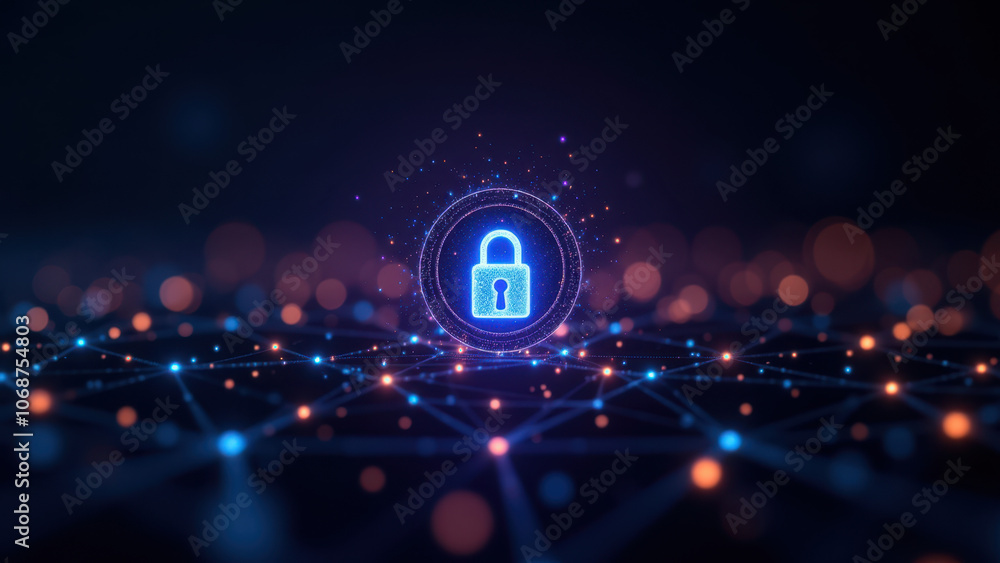Poster a digital illustration showcasing cyber security with a lock icon surrounded by glowing orbs and abs