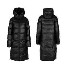 Black long women's winter down jacket isolated on white background