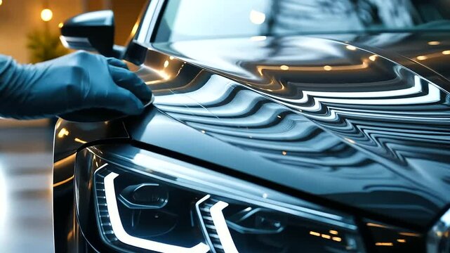 A close-up shot of a gloved hand meticulously polishing the sleek, shiny surface of a black luxury car, with reflections of lights bouncing off the freshly cleaned paint.