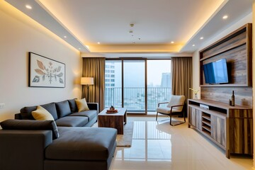 Luxurious high-rise apartment interior with modern furniture.