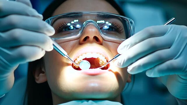 A dentist in white gloves gently examining a female patient&rsquo;s teeth with a dental mirror and explorer, the bright clinic lights shining on the patient&rsquo;s open mouth during the check