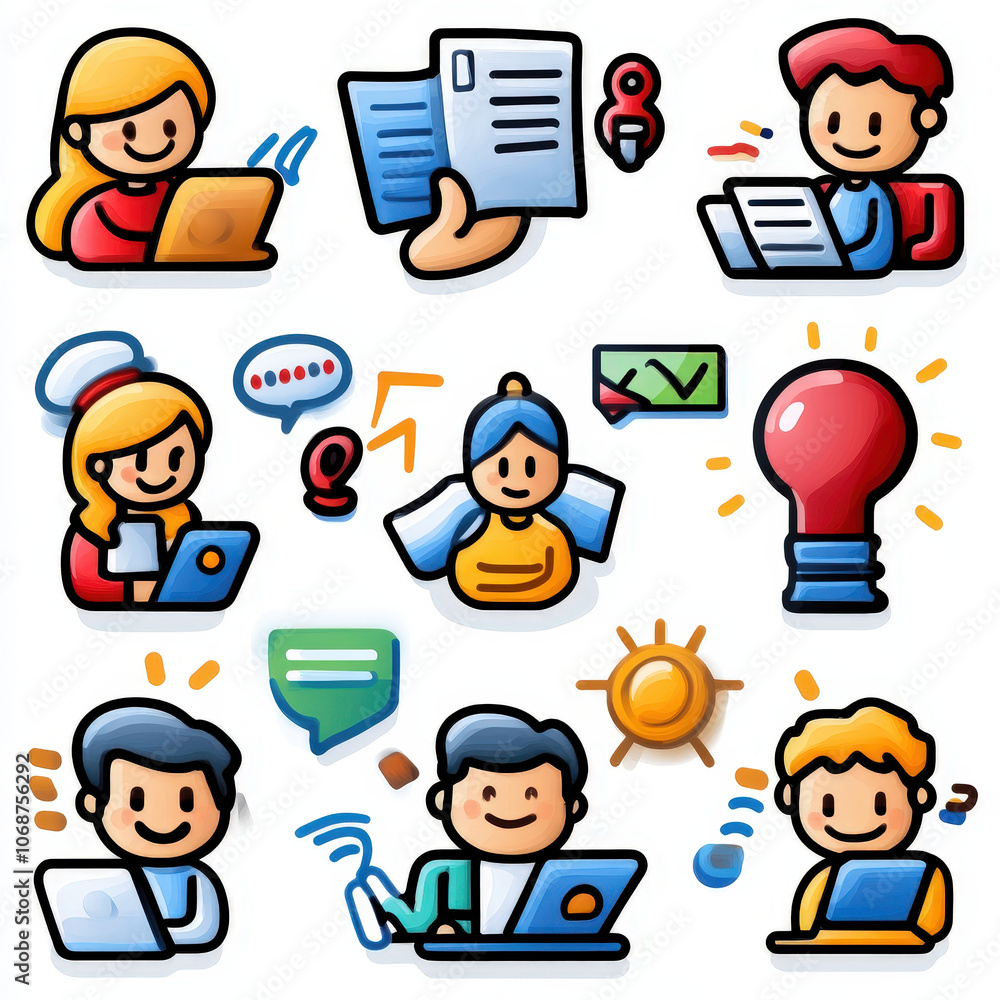 Poster engaging icons for e learning portals showcasing diverse users interacting with technology, includin