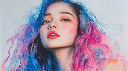 Fototapeta premium Artistic watercolor portrait of a young woman with vibrant pink, blue, and violet hair. Painted with expressive brushstrokes, conveying a sense of movement and allure. 