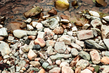 Round river pebbles scattered along the shoreline. Smooth, rounded pebbles by the riverbank
