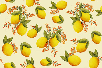 Charming watercolor pattern with bright lemons and delicate flowering branches on yellow backdrop
A delightful watercolor pattern featuring lemons with blooming branches on a yellow background, offeri